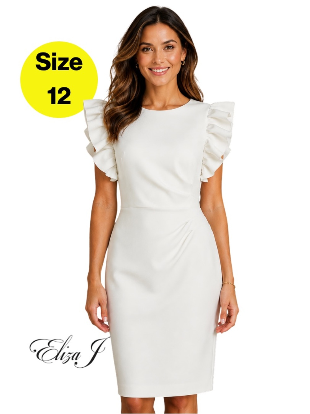2/for $20🪩 ELIZA J Ivory Ruffle-Sleeve Midi Dress, Scuba Style (Women’s Size 12)